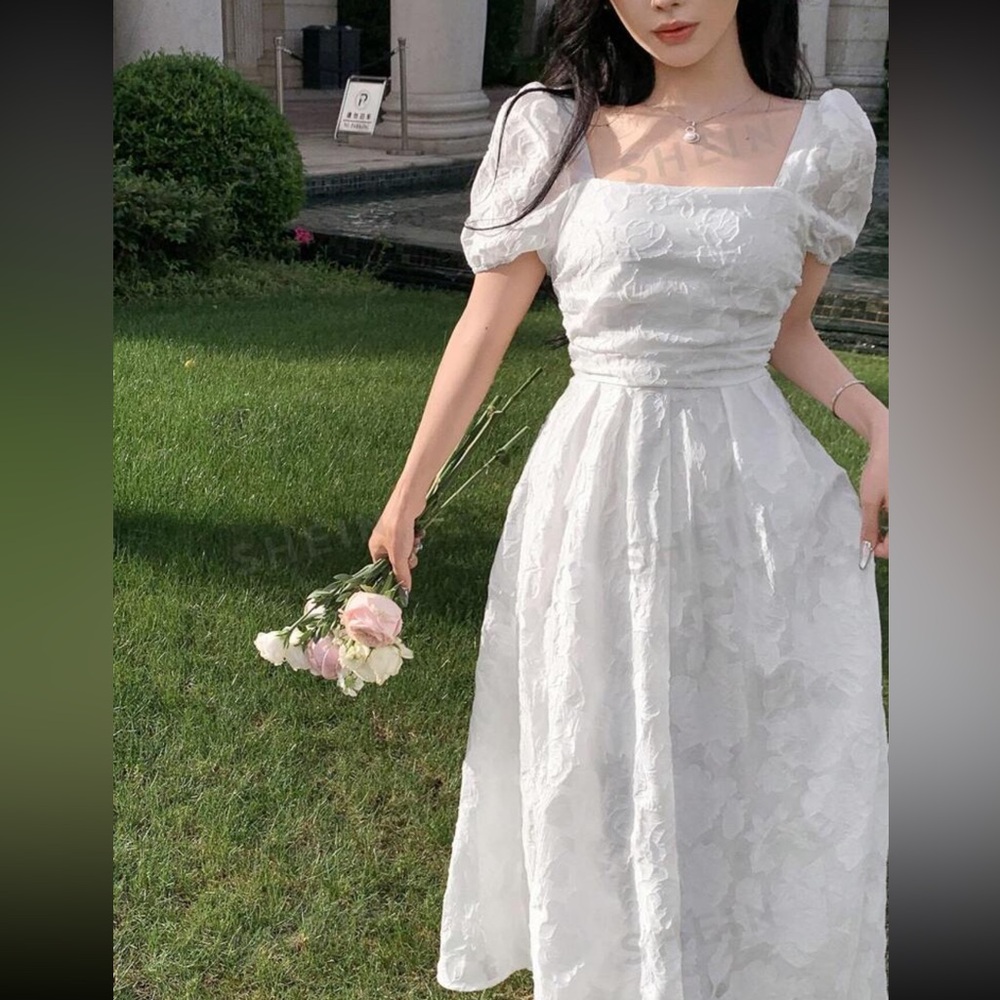DAZY Texture Jacquard Square Neckline Puff Sleeves Midi Dress w Cinched Waist M - Picture 7 of 15